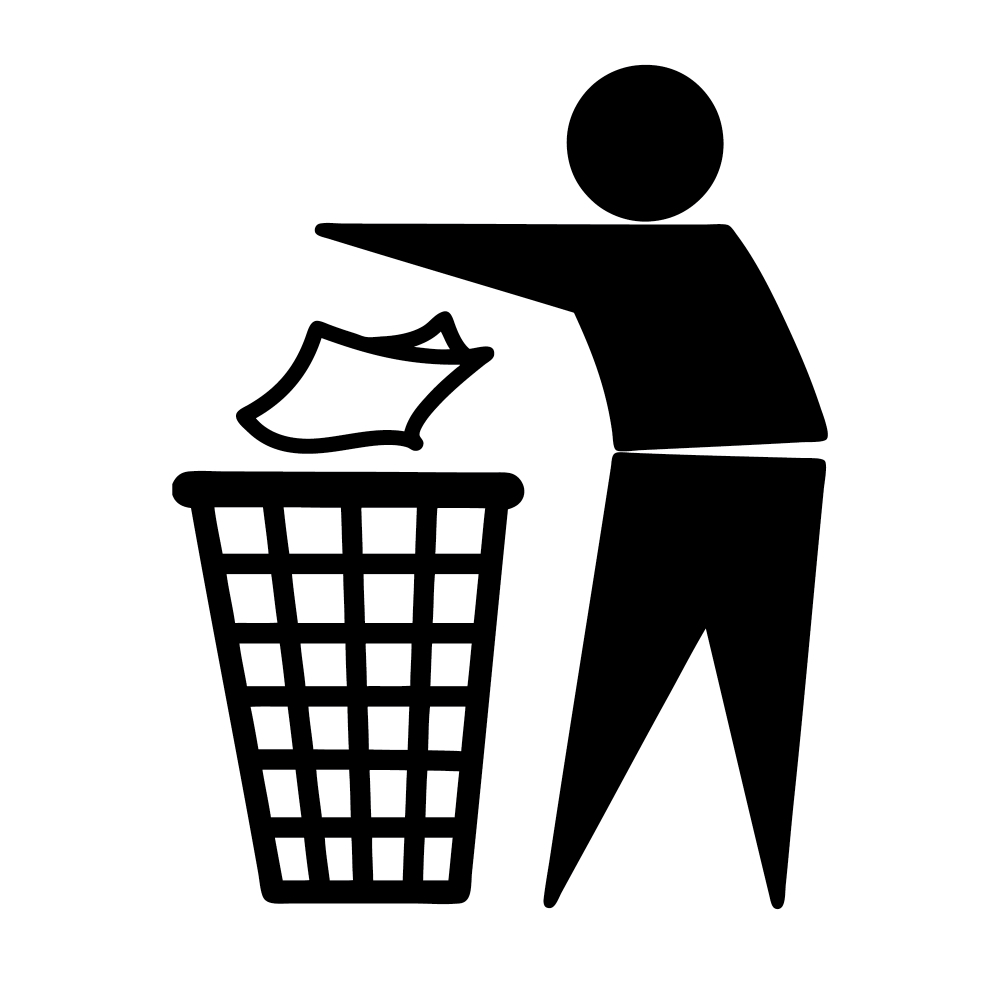 A man throwing away a piece of paper into a trashcan.